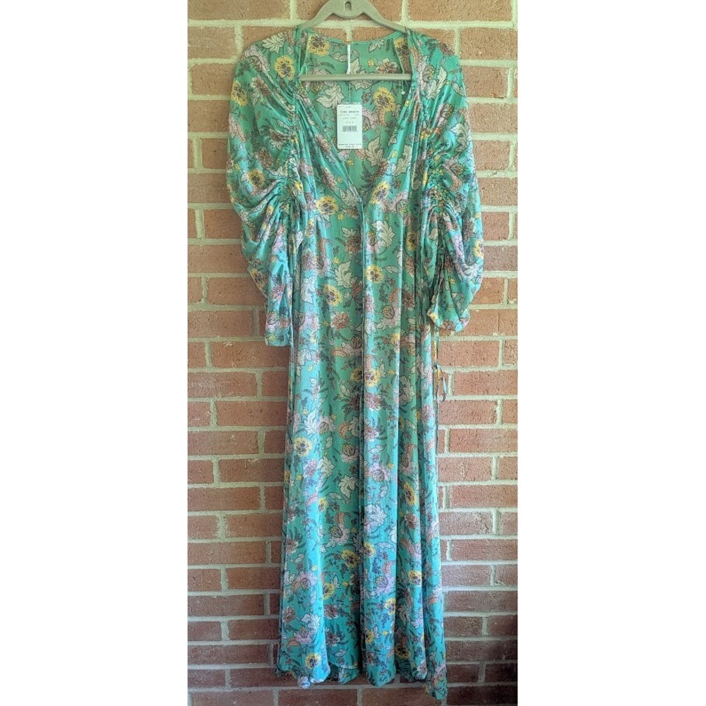 Free People Earthfolk Duster Dress M Flowy Button Runched Boho Cottagecore New - Picture 4 of 16